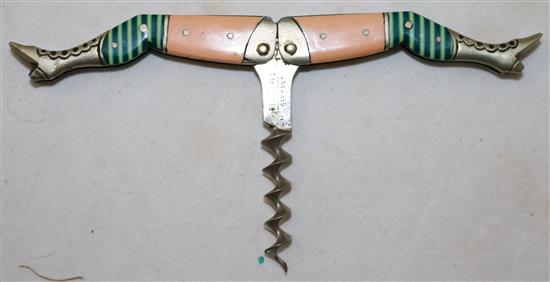 A German enamelled brass stockinged legs corkscrew, 2.75in.